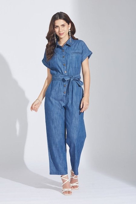 Latin Quarters Medium Blue Solid Shirt Collar Casual Full Length Half Sleeves Women Regular Fit Jumpsuit - Image 2