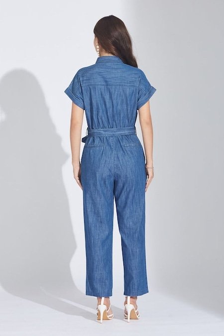 Latin Quarters Medium Blue Solid Shirt Collar Casual Full Length Half Sleeves Women Regular Fit Jumpsuit - Image 3
