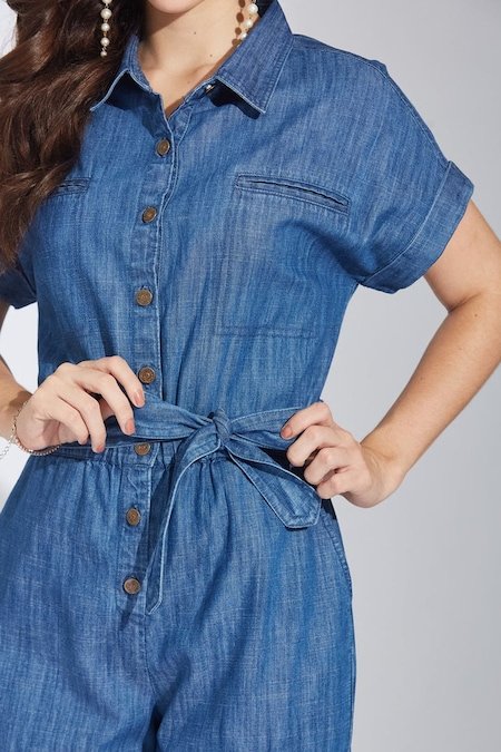Latin Quarters Medium Blue Solid Shirt Collar Casual Full Length Half Sleeves Women Regular Fit Jumpsuit - Image 6