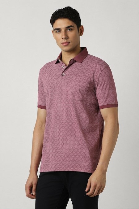 Van Heusen Mauve Printed Formal Half Sleeves Polo Collar Men Regular Fit T-Shirt - Image 4