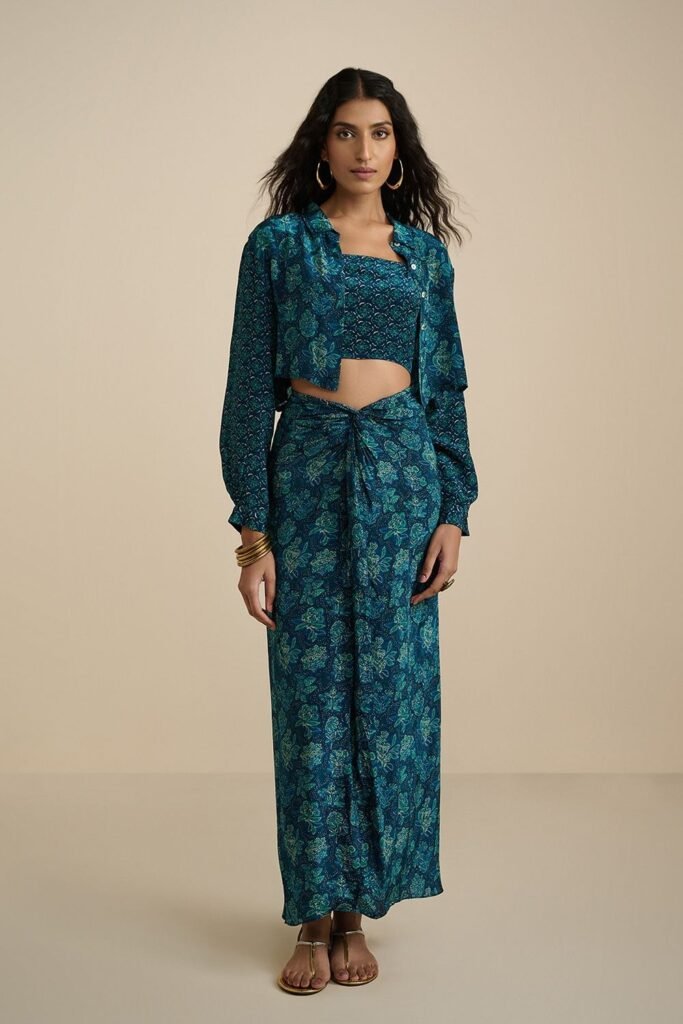 Global Desi Navy Printed Viscose Rayon Shirt Collar Women Slim Fit Co-ord Set