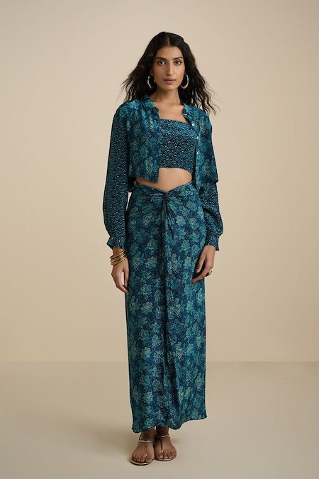 Global Desi Navy Printed Viscose Rayon Shirt Collar Women Slim Fit Co-ord Set