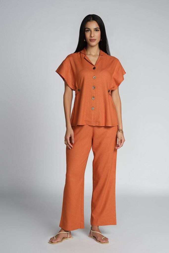 AND Rust Solid Viscose Rayon Shirt Collar Women Regular Fit Co-ord Set