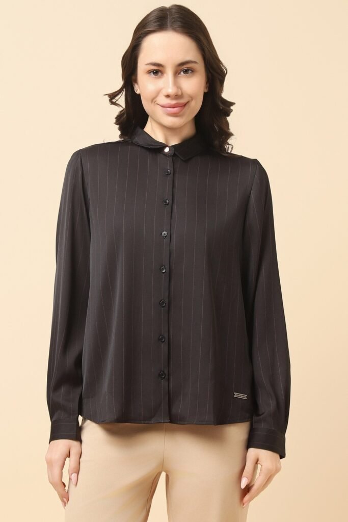 Allen Solly Black Textured Formal Full Sleeves Shirt Collar Women Regular Fit Formal Shirt