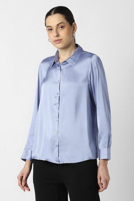 Van Heusen Light Blue Solid Formal Full Sleeves Shirt Collar Women Regular Fit Formal Shirt - Image 4