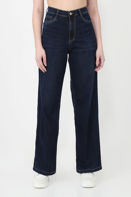 Kraus Navy Solid Full Length Casual Women Wide Leg Jeans