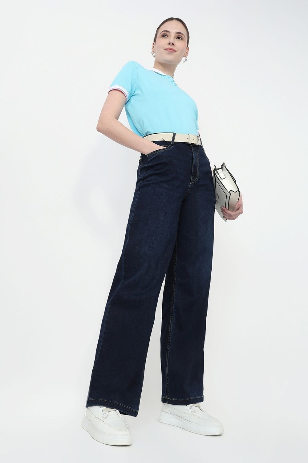 Kraus Navy Solid Full Length Casual Women Wide Leg Jeans - Image 3