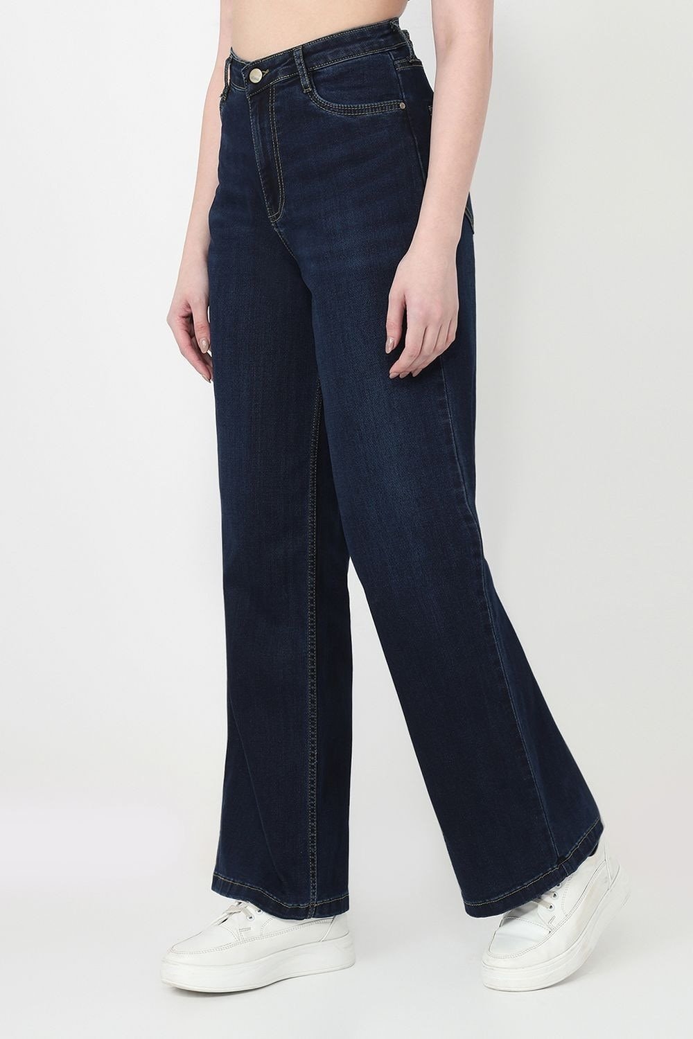 Kraus Navy Solid Full Length Casual Women Wide Leg Jeans - Image 5