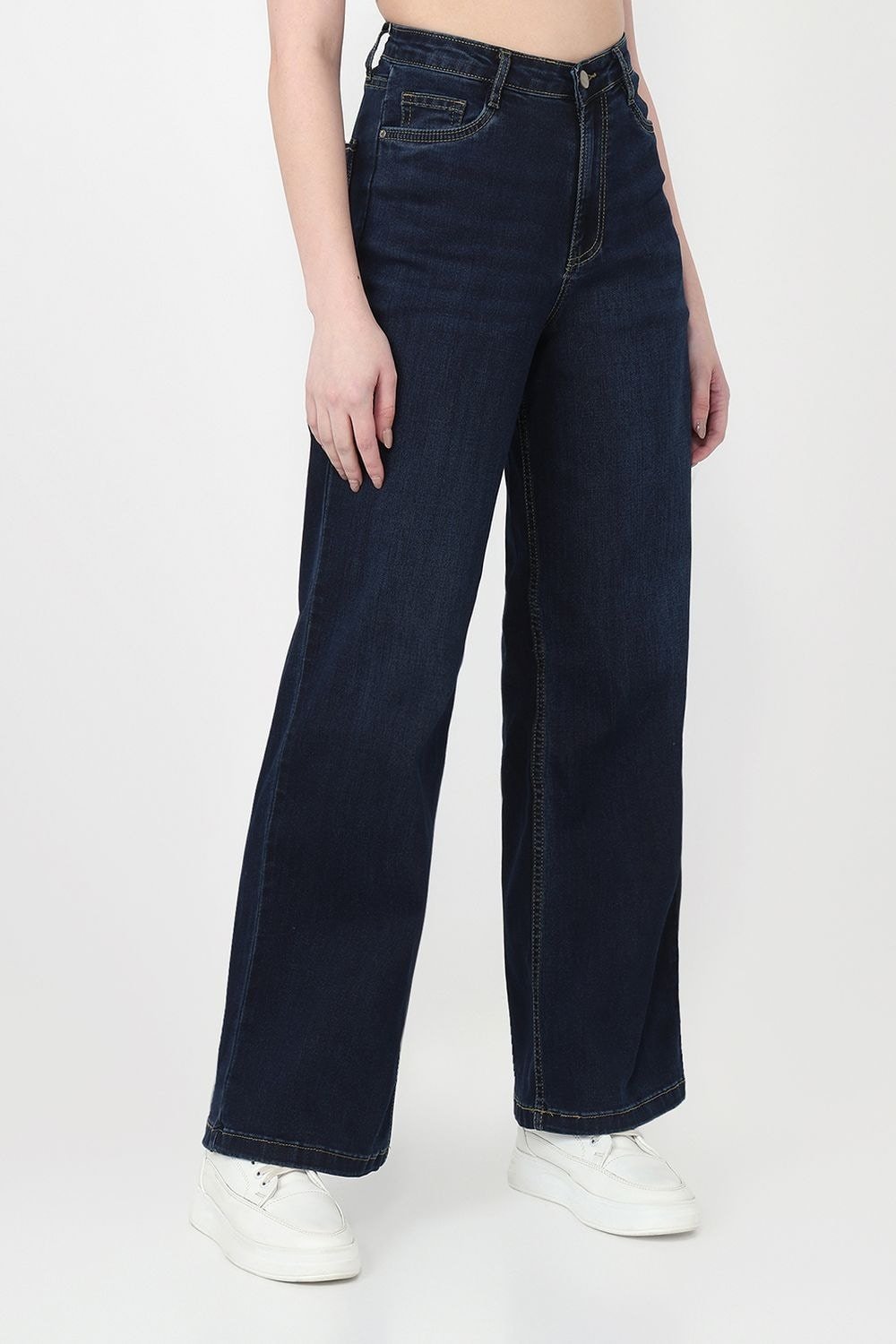 Kraus Navy Solid Full Length Casual Women Wide Leg Jeans - Image 6