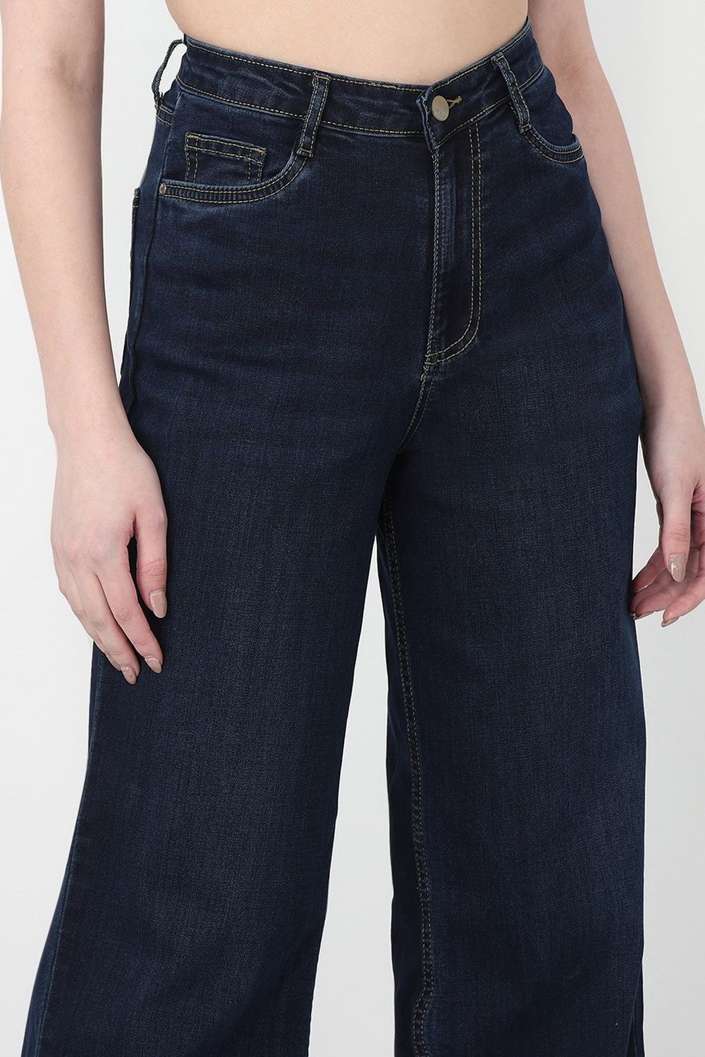 Kraus Navy Solid Full Length Casual Women Wide Leg Jeans - Image 7