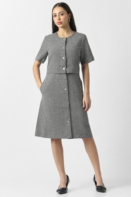 Van Heusen Light Grey Textured Knee Length Formal Women Regular Fit Dress