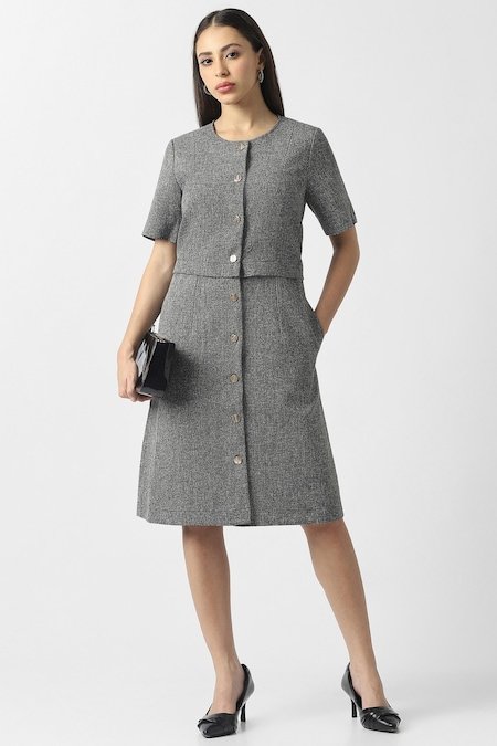 Van Heusen Light Grey Textured Knee Length Formal Women Regular Fit Dress - Image 2