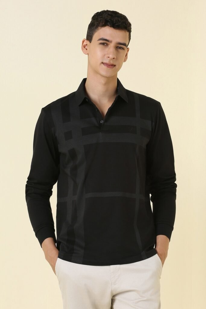 Allen Solly Black Printed Casual Full Sleeves Polo Collar Men Regular Fit T-Shirt