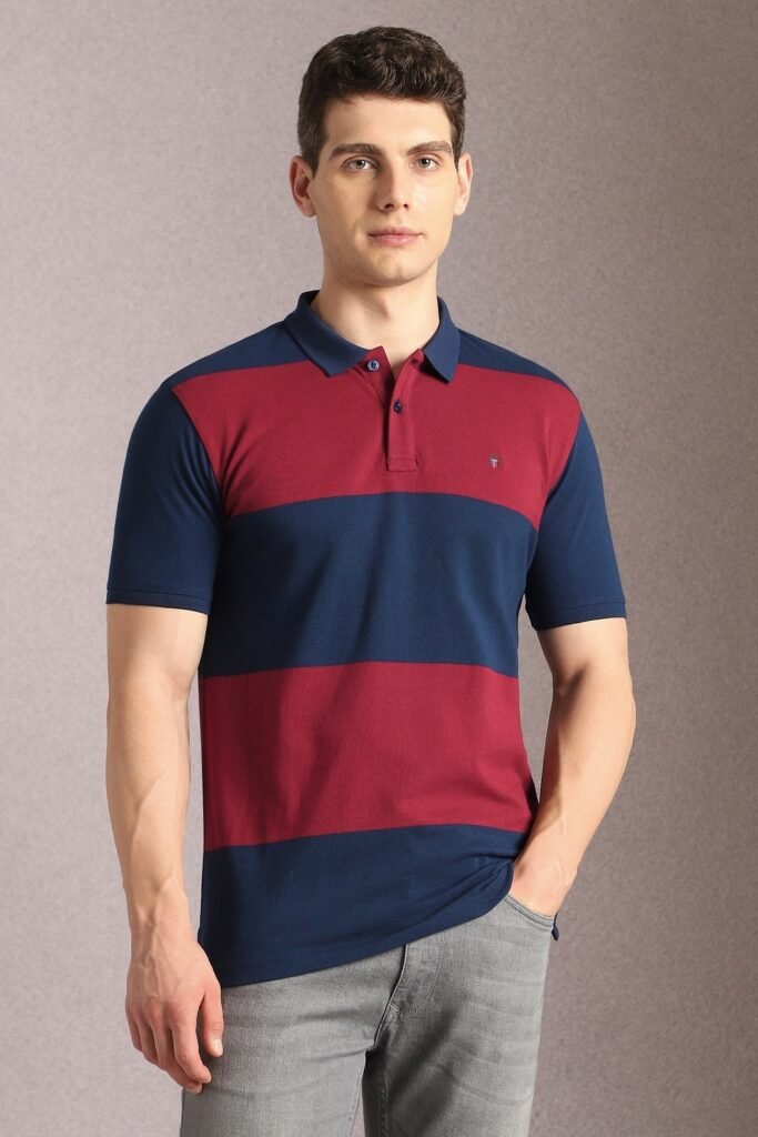 Louis Philippe Navy Striped Casual Half Sleeves Polo Collar Men Slim Fit T-Shirt