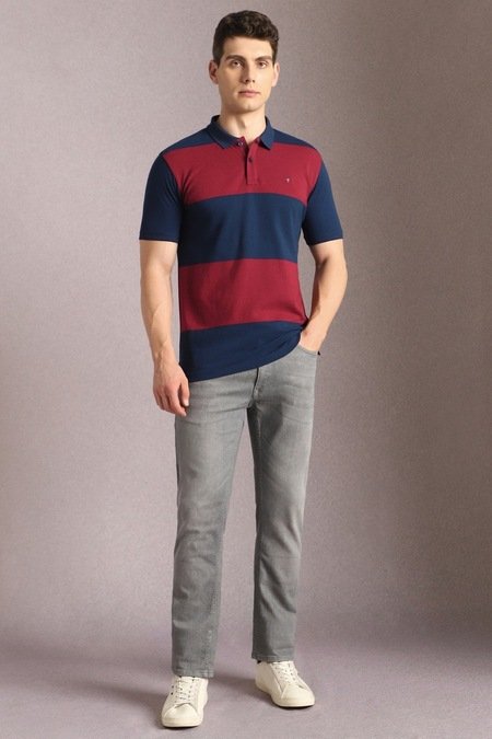 Louis Philippe Navy Striped Casual Half Sleeves Polo Collar Men Slim Fit T-Shirt - Image 2