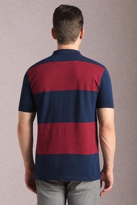 Louis Philippe Navy Striped Casual Half Sleeves Polo Collar Men Slim Fit T-Shirt - Image 3
