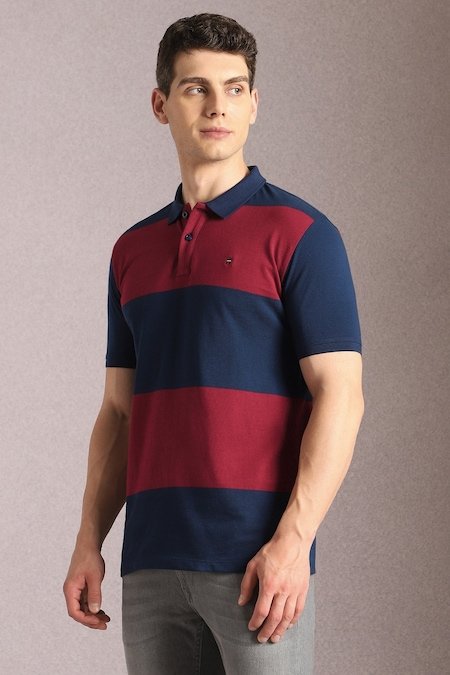 Louis Philippe Navy Striped Casual Half Sleeves Polo Collar Men Slim Fit T-Shirt - Image 4
