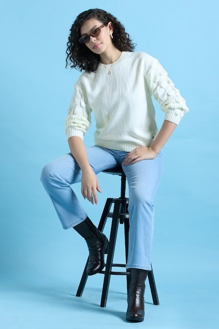Allen Solly White Solid Casual Full Sleeves Round Neck Women Regular Fit Sweater - Image 2