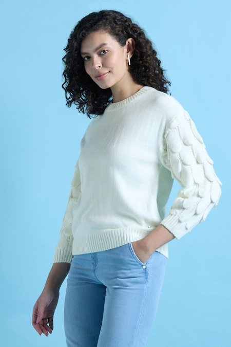 Allen Solly White Solid Casual Full Sleeves Round Neck Women Regular Fit Sweater - Image 4