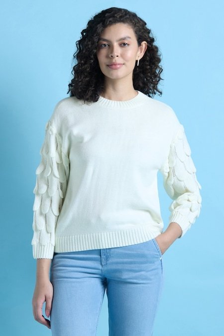 Allen Solly White Solid Casual Full Sleeves Round Neck Women Regular Fit Sweater - Image 6
