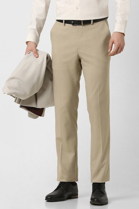 Peter England Beige Textured Formal Men Slim Fit Formal Trouser