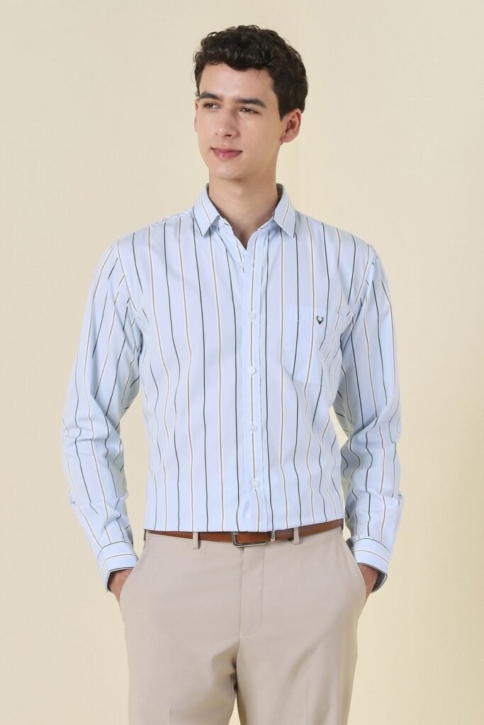 Allen Solly Light Blue Striped Formal Full Sleeves Shirt Collar Men Slim Fit Formal Shirt