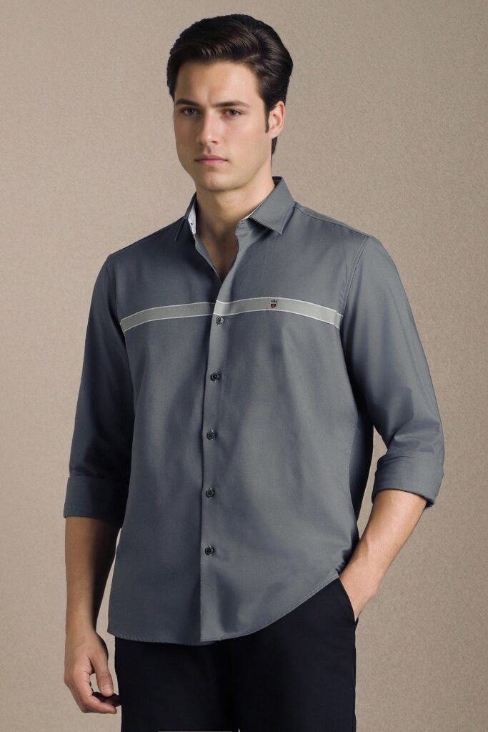 Louis Philippe Medium Grey Textured Casual Full Sleeves Shirt Collar Men Slim Fit Casual Shirt