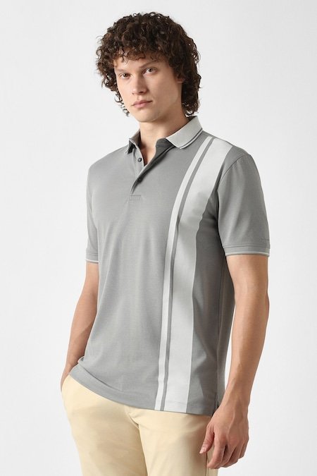 Van Heusen Medium Grey Textured Formal Half Sleeves Polo Collar Men Regular Fit T-Shirt