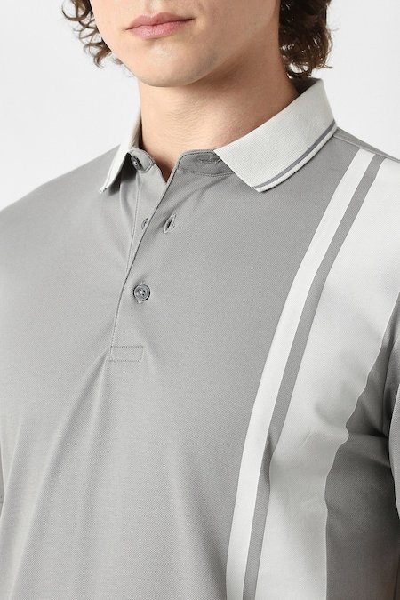 Van Heusen Medium Grey Textured Formal Half Sleeves Polo Collar Men Regular Fit T-Shirt - Image 5