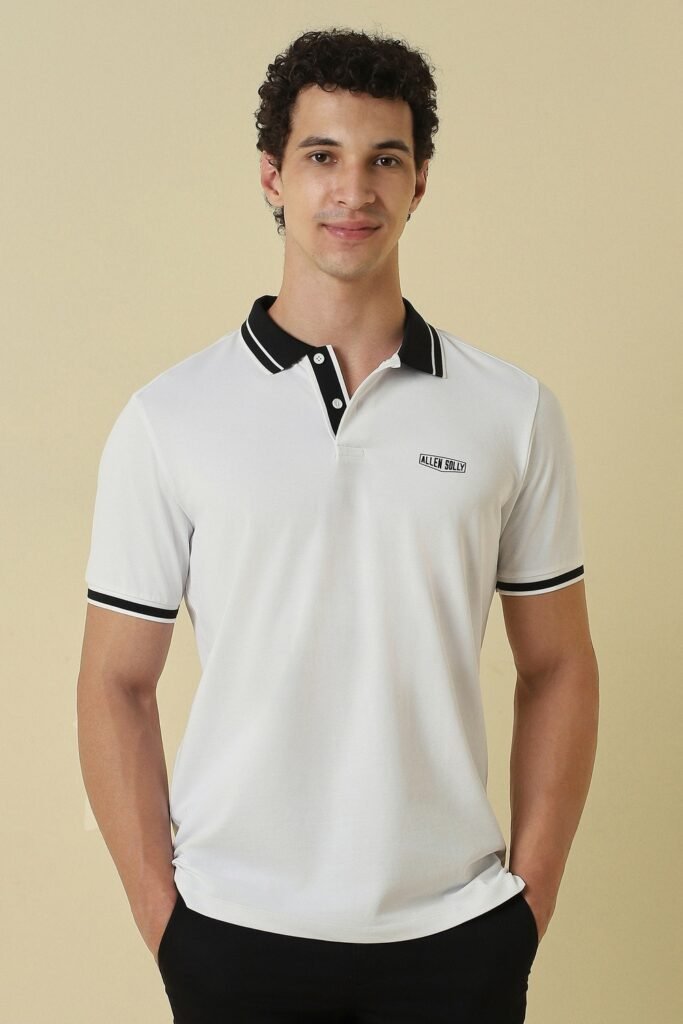 Allen Solly White Textured Casual Half Sleeves Polo Collar Men Regular Fit T-Shirt