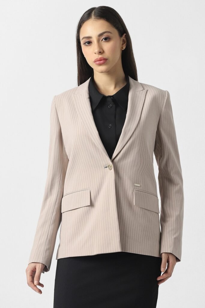 Van Heusen Beige Women Striped Regular Fit Blazer
