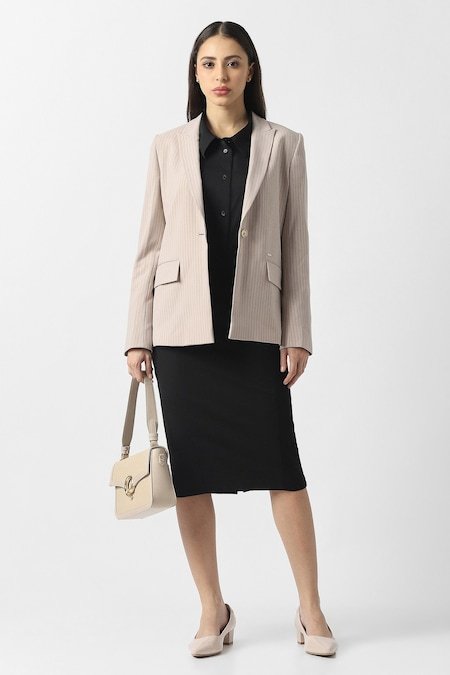 Van Heusen Beige Women Striped Regular Fit Blazer - Image 4