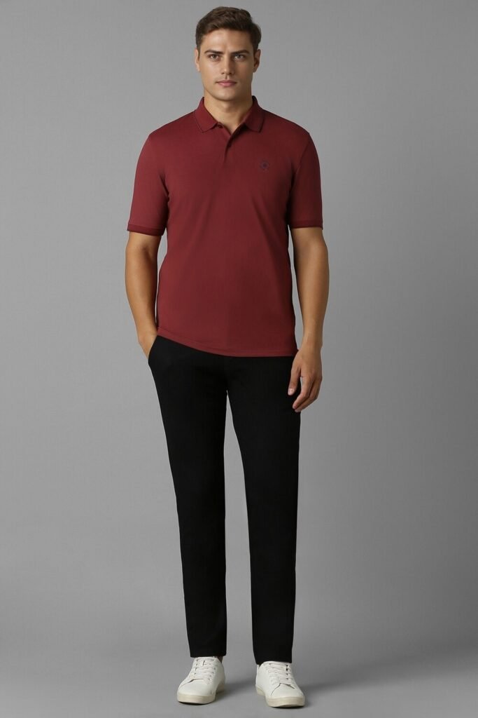 Louis Philippe Maroon Solid Formal Half Sleeves Polo Collar Men Regular Fit T-Shirts