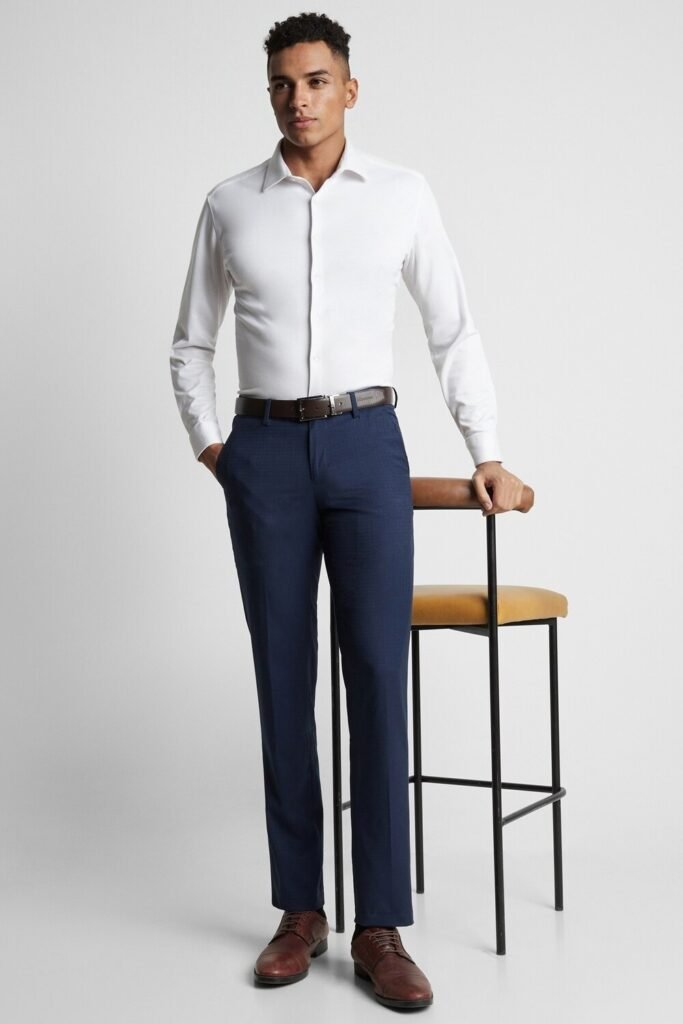Peter England Medium Blue Checked Ankle Length Formal Men Slim Fit Formal Trousers