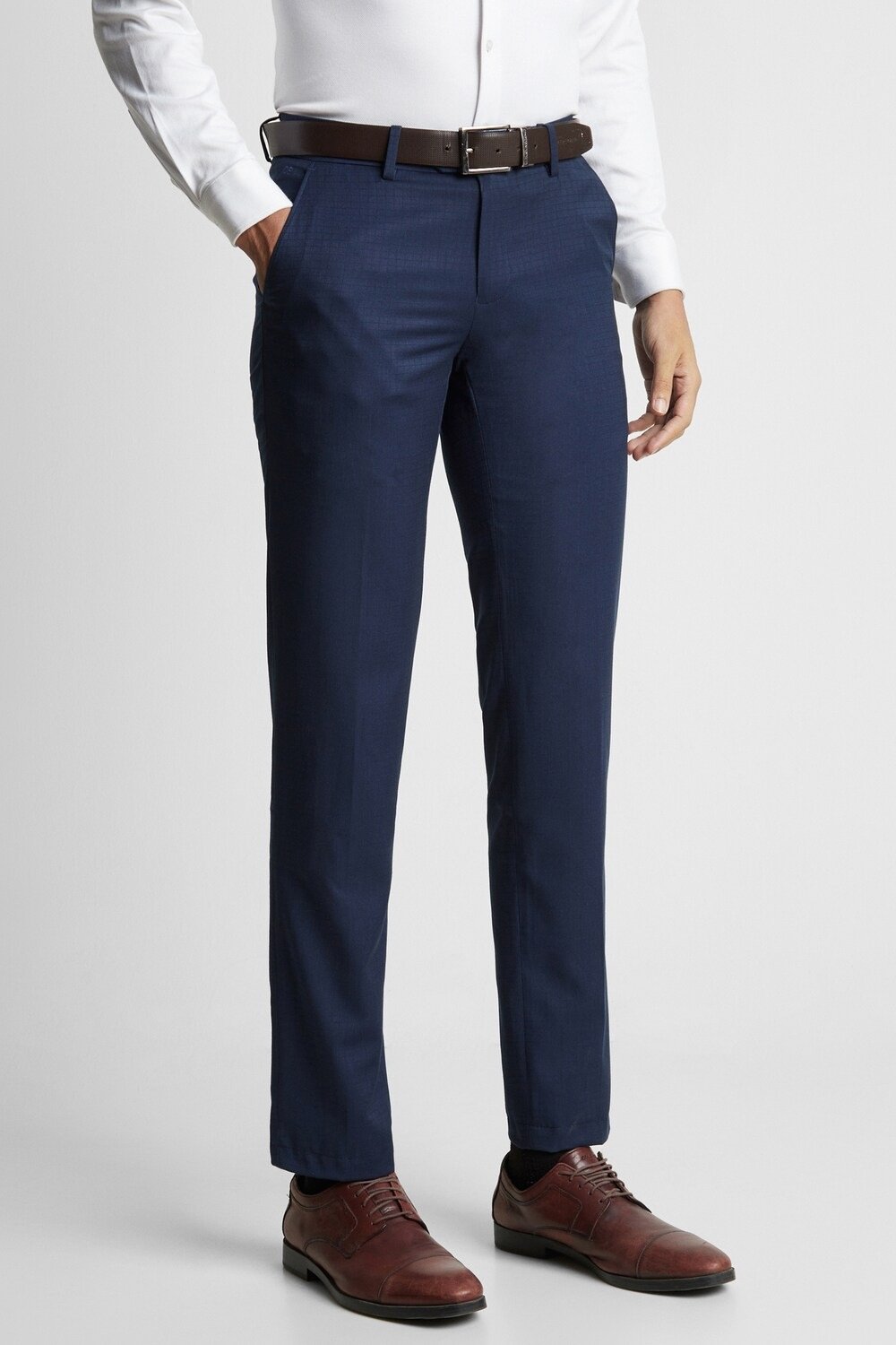 Peter England Medium Blue Checked Ankle Length Formal Men Slim Fit Formal Trousers - Image 4