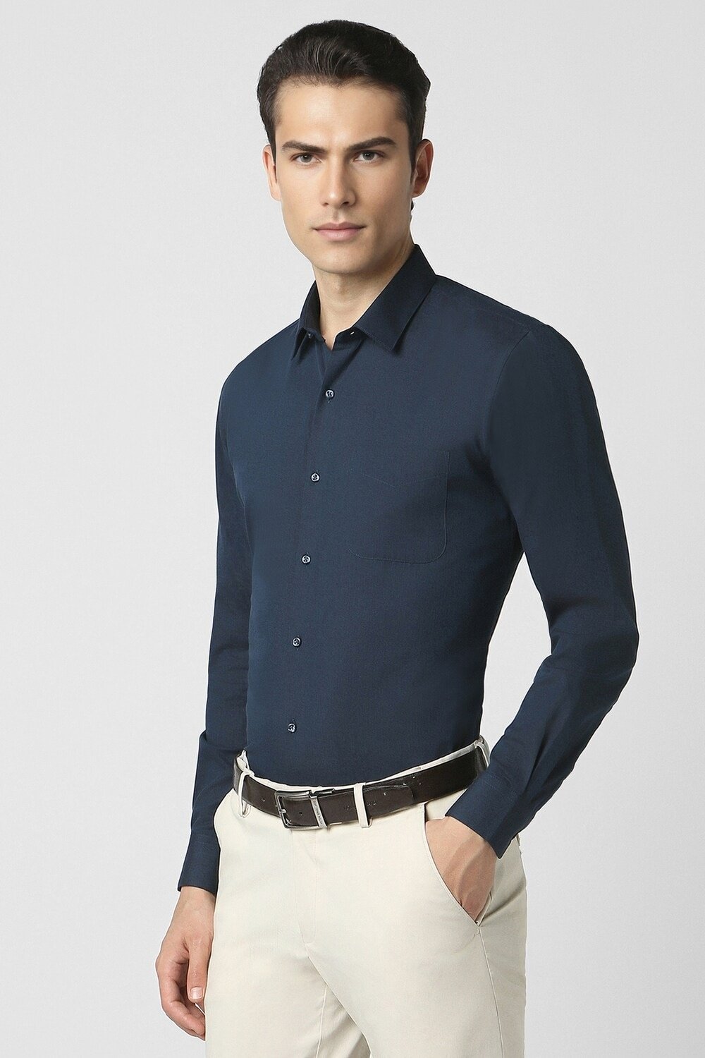 Peter England Navy Solid Formal Full Sleeves Shirt Collar Men Slim Fit Formal Shirts - Image 4