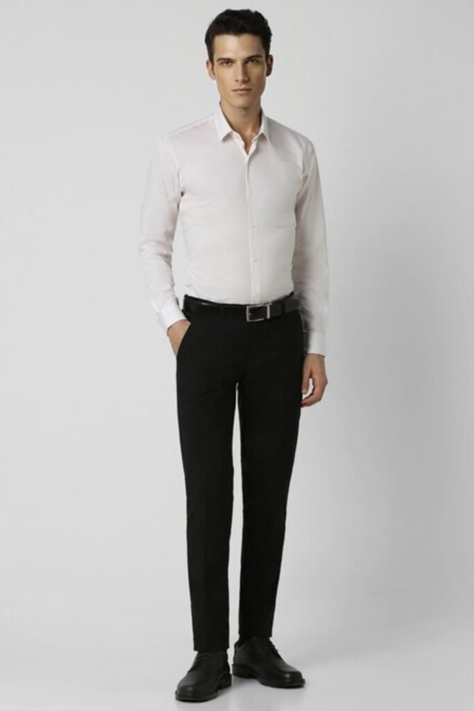 Peter England Black Solid Ankle Length Mid Rise Formal Men Slim Fit Formal Trousers