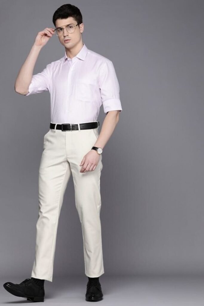 Louis Philippe Off White Solid Ankle Length Mid Rise Formal Men Slim Fit Formal Trousers