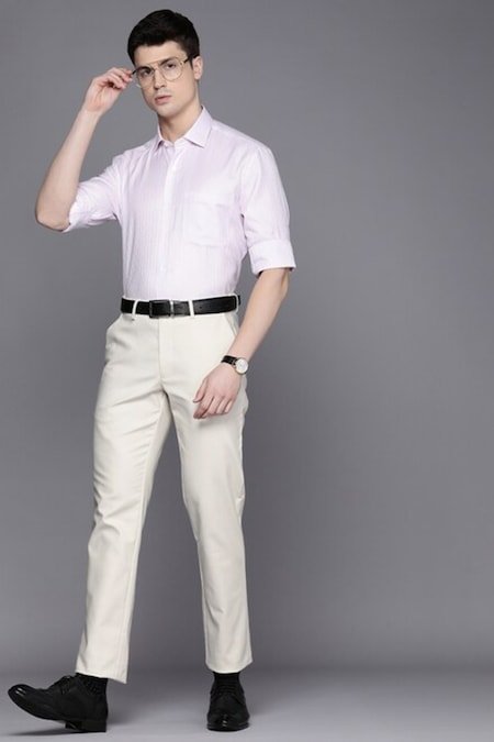 Louis Philippe Off White Solid Ankle Length Mid Rise Formal Men Slim Fit Formal Trousers